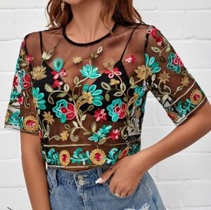 VACAY Floral Embroidery Mesh Top